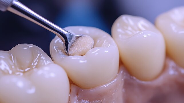 Close-up of a tooth-coloured filling being placed in a back tooth
